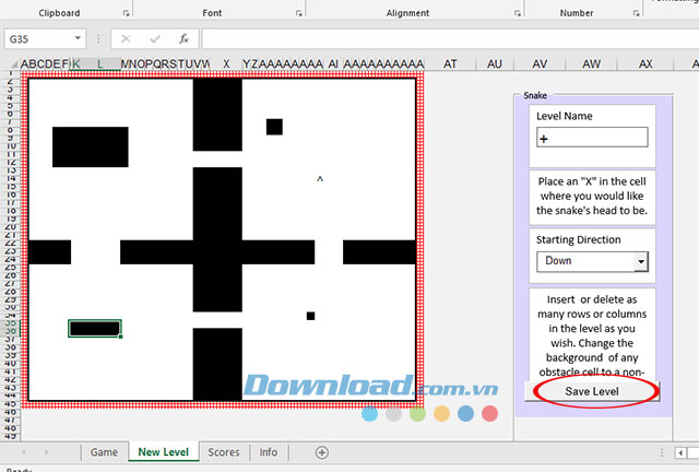Lưu lại bản đồ chơi game rắn săn mồi trên Excel