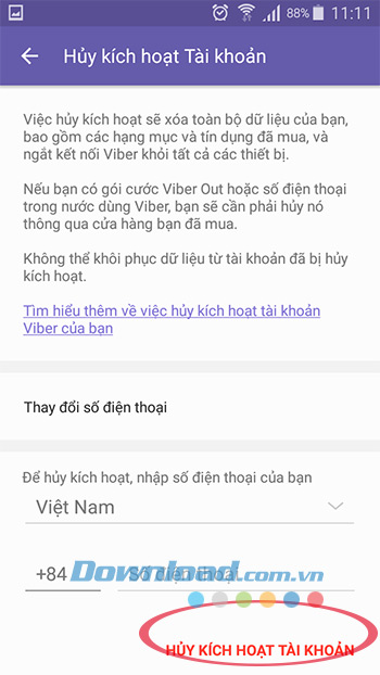 Nhập số điện thoại hủy kích hoạt Viber