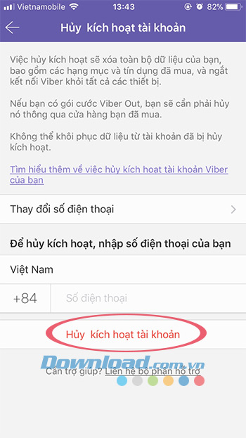 Nhập số điện thoại bỏ kích hoạt tài khoản Viber