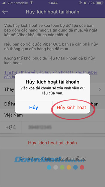 Xác nhận hủy kích hoạt tài khoản Viber