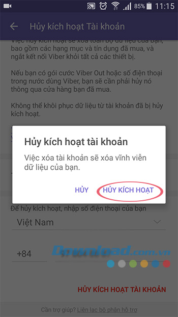 Xác nhận hủy kích hoạt Viber