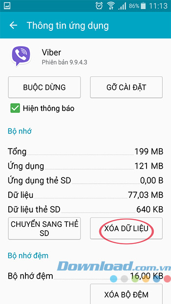 Xóa dữ liệu Viber