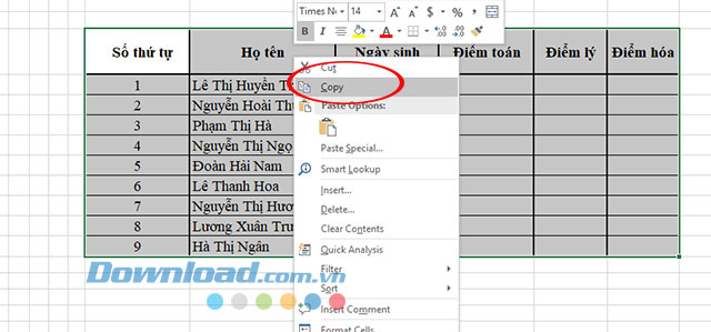 Sao chép bảng tính đã tạo trên Excel
