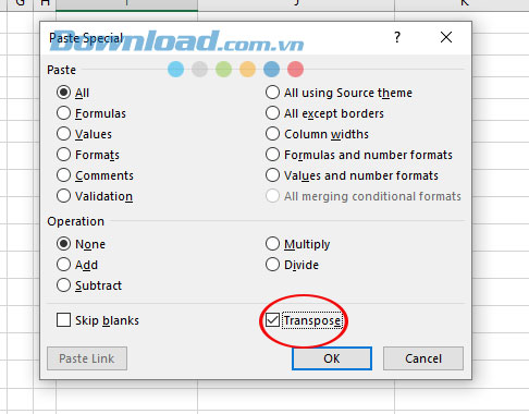Lựa chọn dán theo kiểu chuyển đổi dòng thành cột