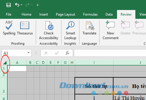 Nhấn Ctrl + A để bôi đen toàn bộ bảng tính