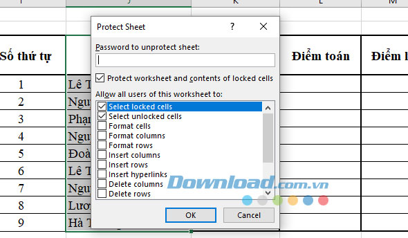 Nhập mật khẩu cho cột dữ liệu