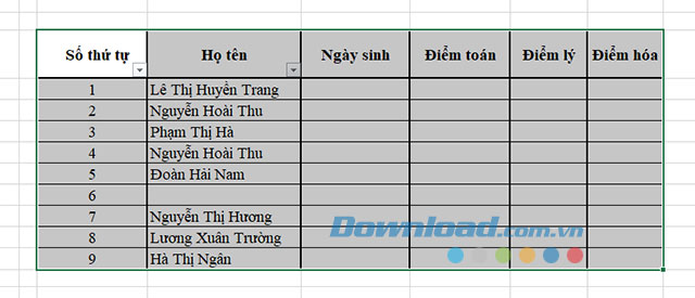 Chọn vùng dữ liệu muốn xóa dòng trống trên bảng tính