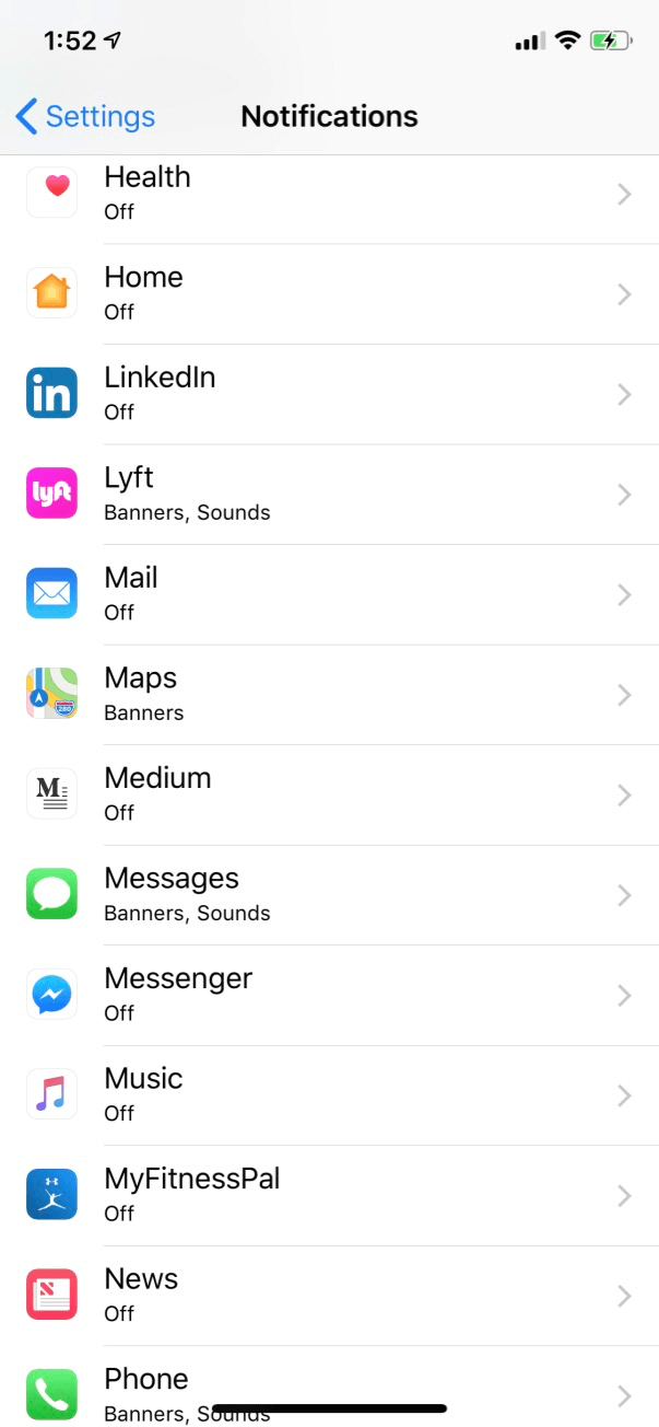 Màn hình tắt thông báo ứng dụng iPhone