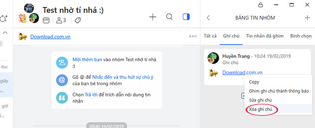 Xóa ghi chú đã tạo trên nhóm