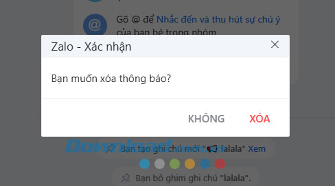 Xác nhận xóa ghi chú đã tạo trên nhóm Zalo