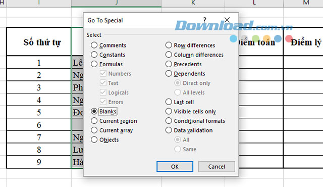Lọc dòng trắng trên bảng tính trong vùng dữ liệu được chọn