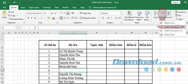 Xóa dữ liệu dòng trống đã lọc