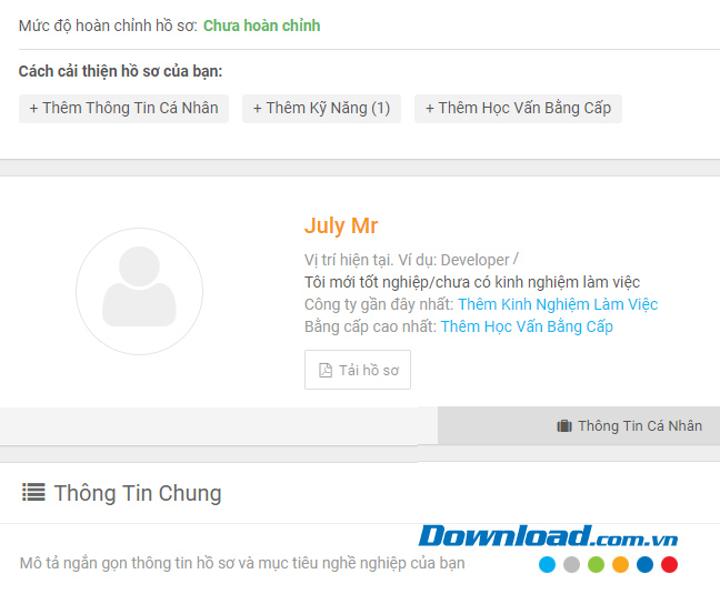 Bổ sung thông tin cho hồ sơ trên Vietnamworks