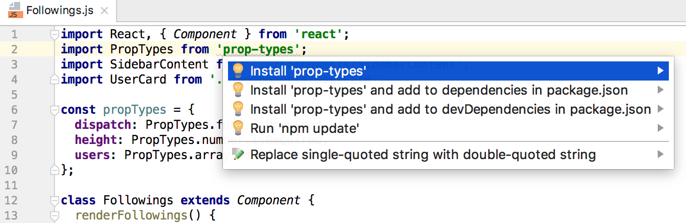 Hiển thị hành động liên quan trong WebStorm