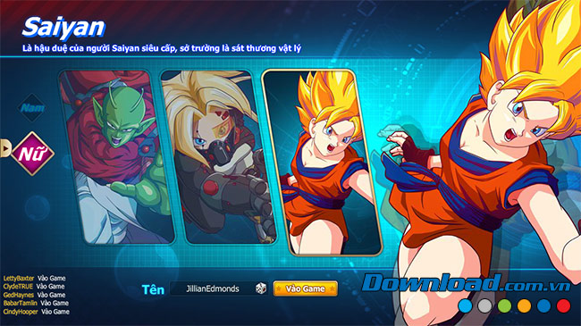 Chọn nhân vật Nữ chơi  7 Viên Ngọc Rồng Online