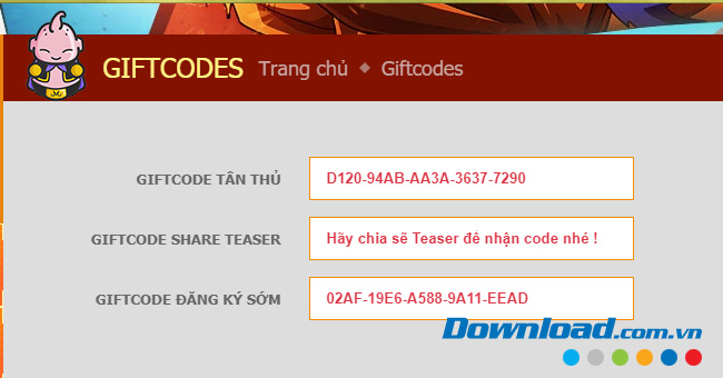 Danh sách code nhận được