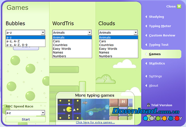 Danh sách game trong Typing Master