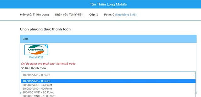 Lựa chọn gói nạp