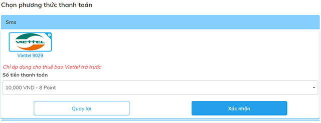 Xác nhận gói nạp point đã lựa chọn