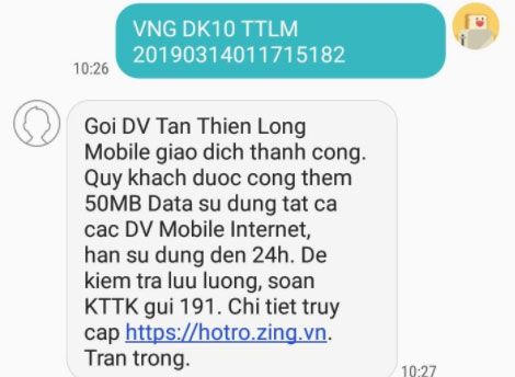 Tin nhắn thông báo nạp thành công 