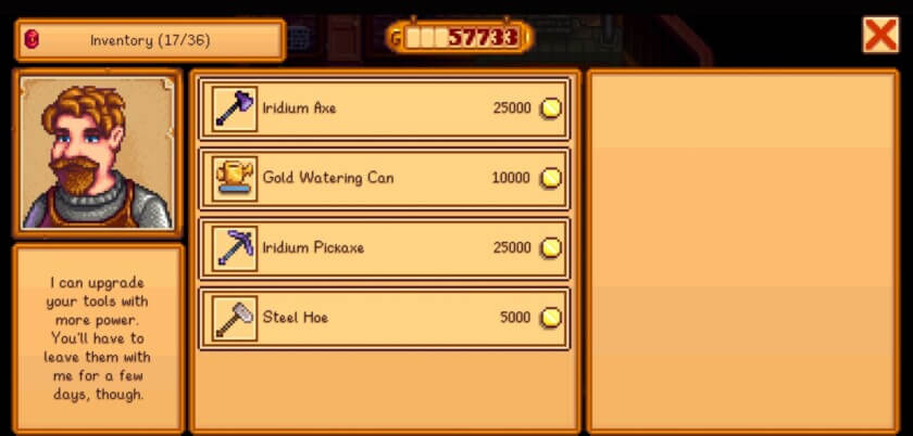 Chỉ nâng cấp công cụ trong Stardew Valley khi cần