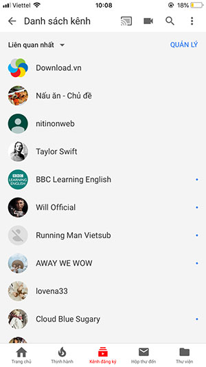 Các kênh đã theo dõi