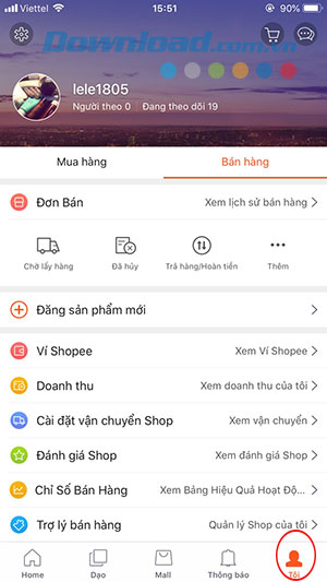 Giao diện trang cá nhân trên Shopee