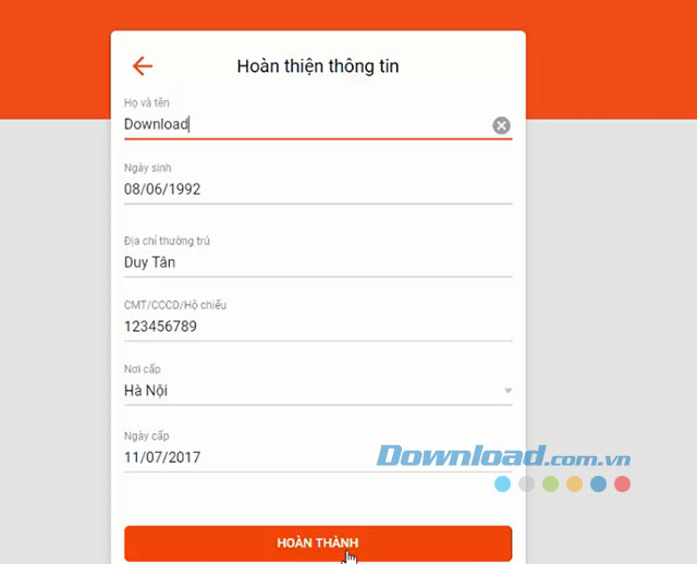 Nhập thông tin cá nhân của người dùng