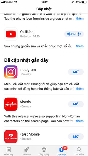 Ứng dụng sau khi cập nhật