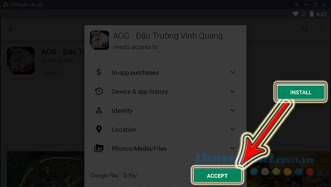 Nhấn vào Install để cài đặt game Đấu Trường Vinh Quang 