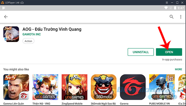 Chọn vào Open để chơi Đấu Trường Vinh Quang trên máy tính