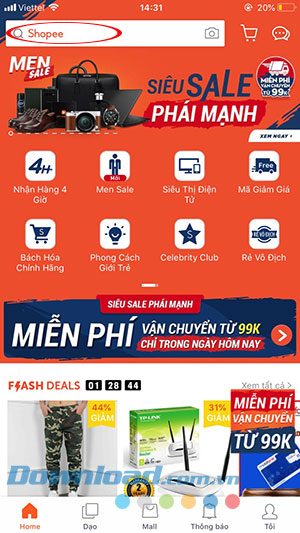 Giao diện chính của Shopee