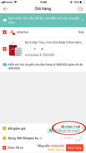 Đã chọn mã miễn phí vận chuyển Shopee