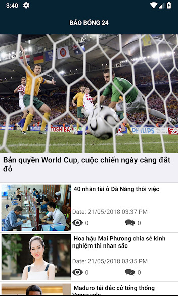Trang chủ của ứng dụng thể thao Báo bóng 24h