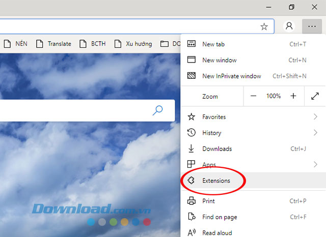 Mở cửa sổ tiện ích mở rộng trên trình duyệt Edge