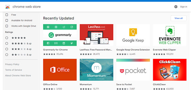 Giao diện Google Chrome Store trên Microsoft Edge