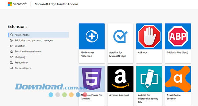 Giao diện trang tiện ích mở rộng trên Microsoft Edge