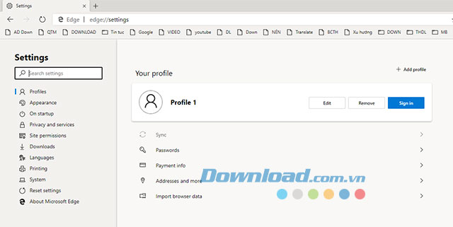 Trang cài đặt của Microsoft Edge nhân Chromium