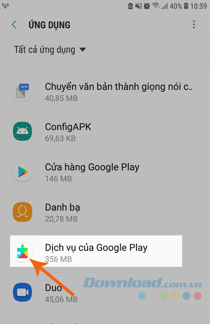 Nhấn vào Dịch vụ của Google Play