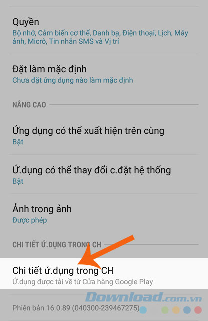 Chọn Chi tiết ứng dụng trong CH