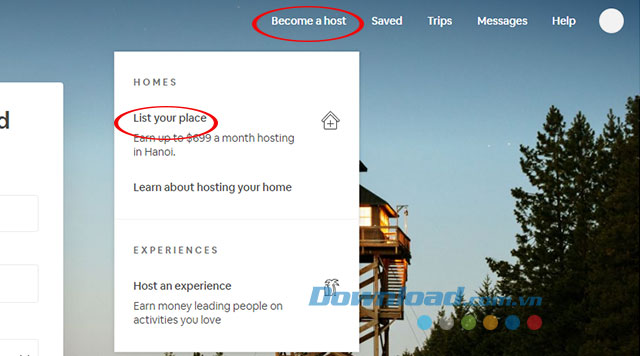 Giao diện chính của Airbnb