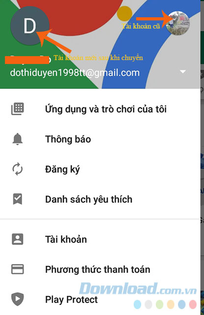 CH Play sau khi đổi tài khoản