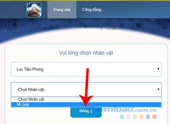 Chọn server và tên nhân vật