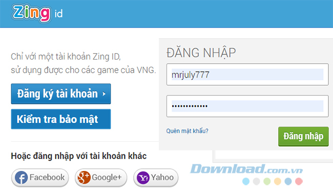 Đăng nhập tài khoản Zing