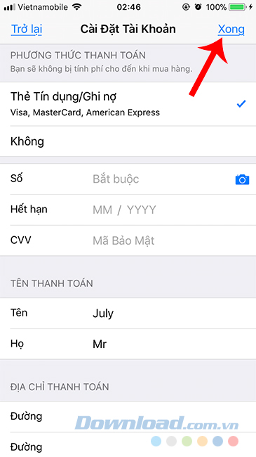 Điền thông tin mua hàng