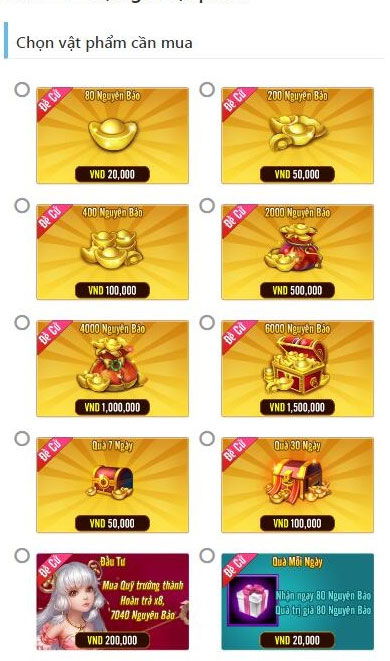 Danh sách gói vật phẩm