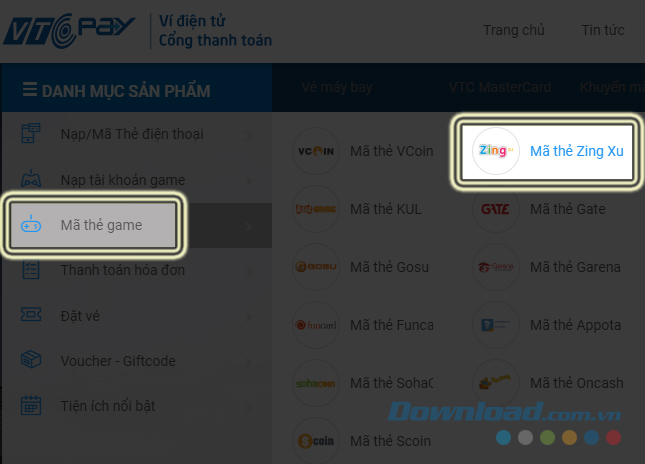 Trang chủ của VTCPay