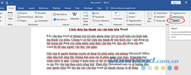 Chèn đối tượng mới vào file văn bản word
