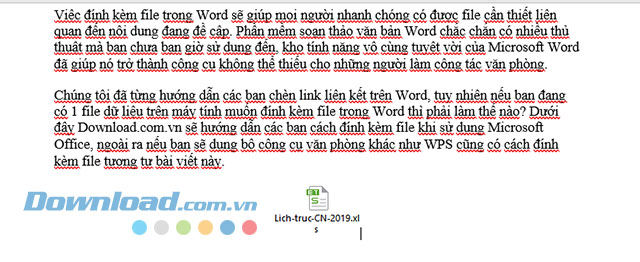 Hình ảnh hiển thị file đính kèm trên văn bản của Word