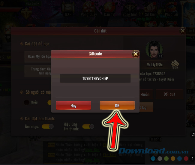 Nhập GIFTCODE Đao Kiếm Vô Song